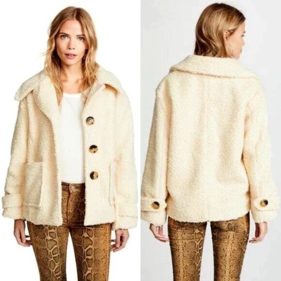 Free People Women Sz S Ivory So Soft Sherpa Oversized Teddy Button Down Pea Coat - Picture 1 of 9